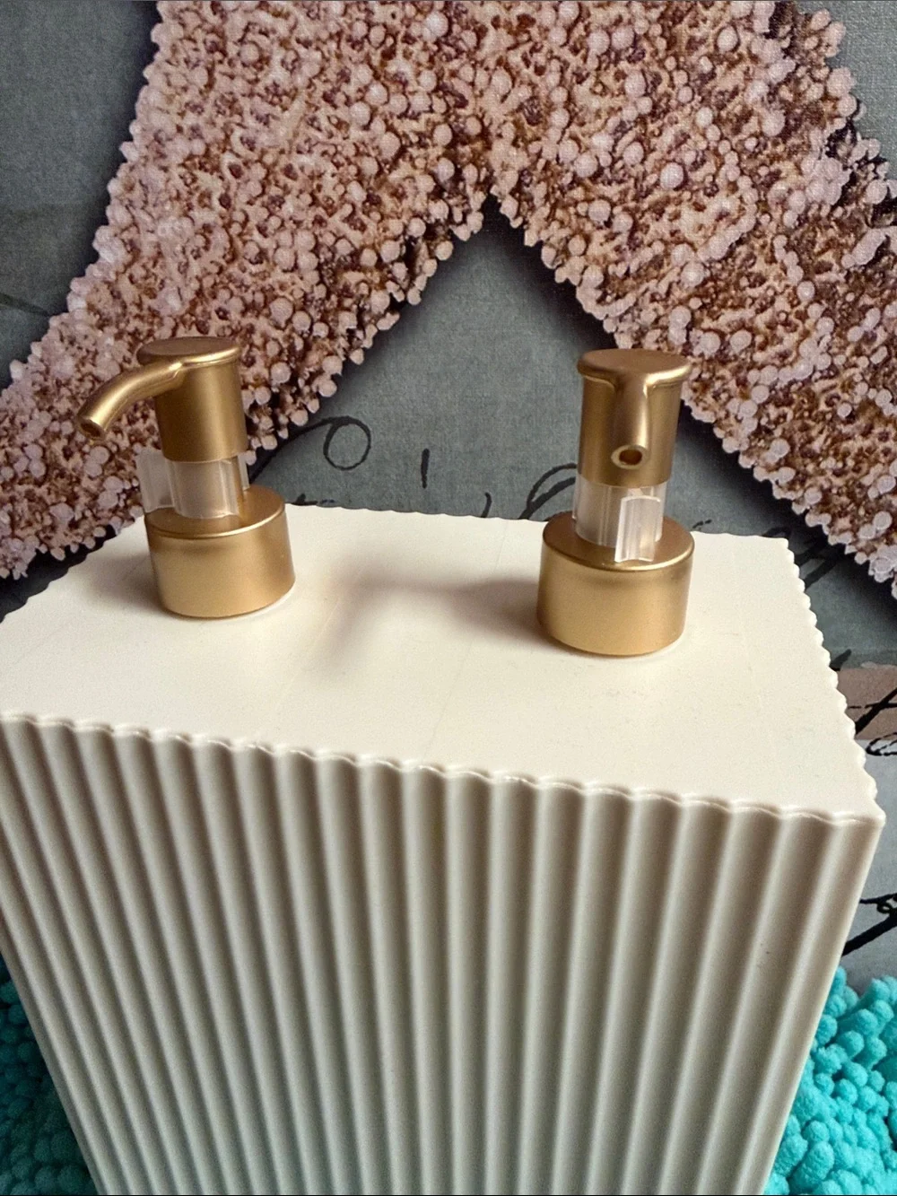 ❣️5|$25❣️Cream Ribbed Dual Soap Dispenser with Gold Pumps